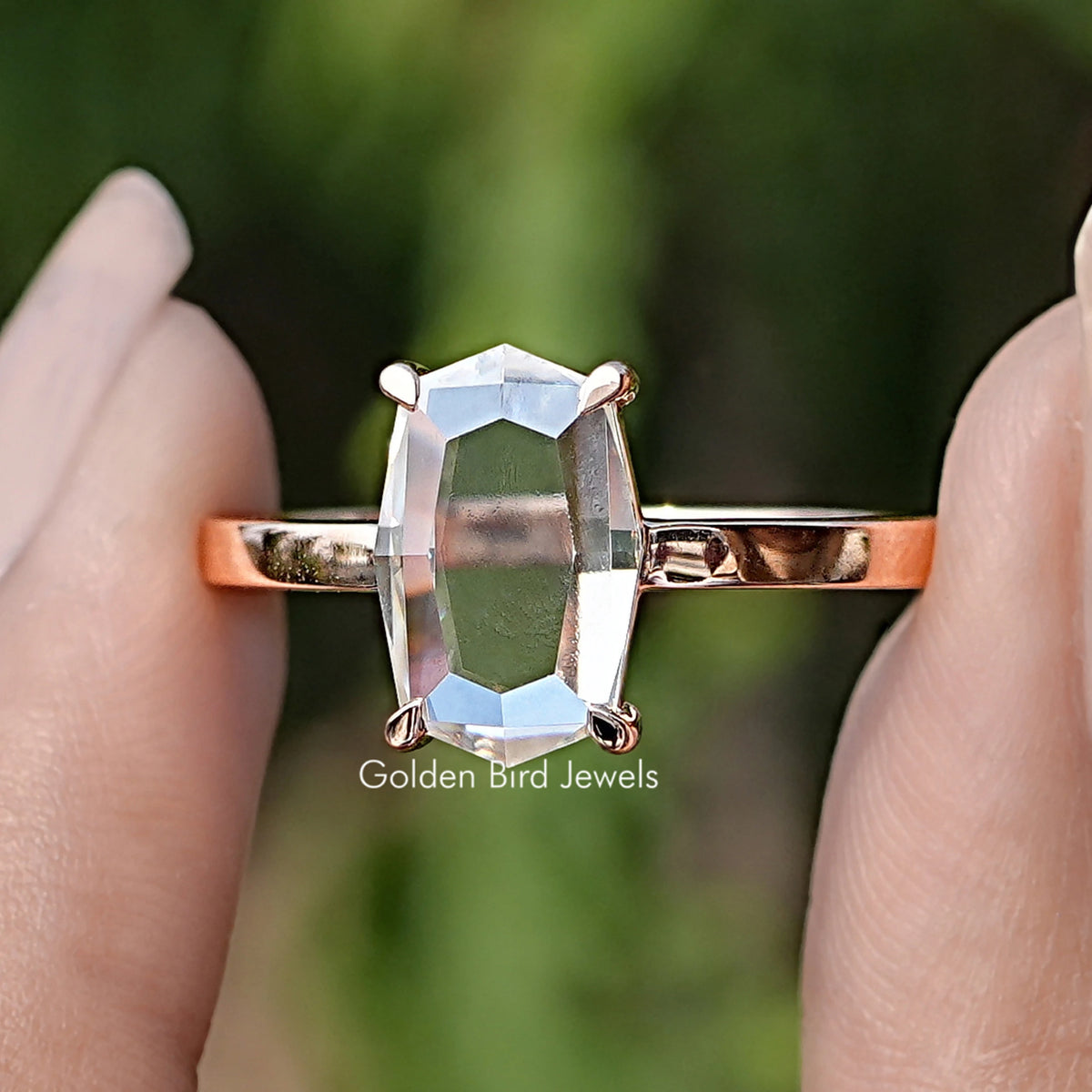 Front view of Portrait Cut Hexagon Moissanite Ring In Yellow Gold