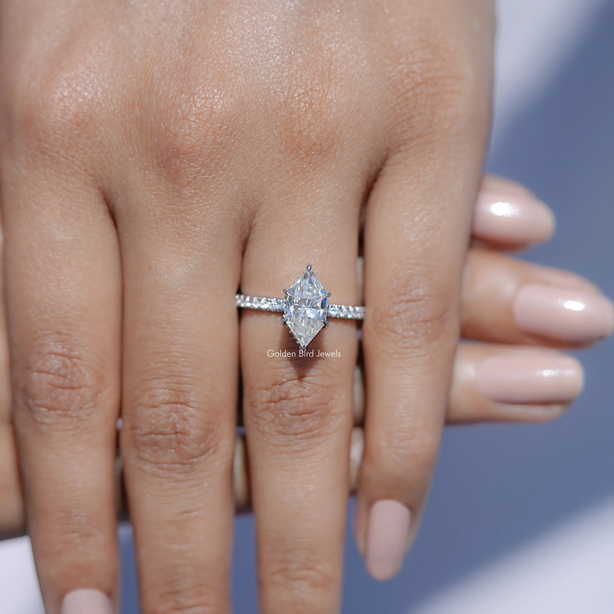 View of Dutch Marquise Shaped Solitaire Moissanite Ring in prongs setting