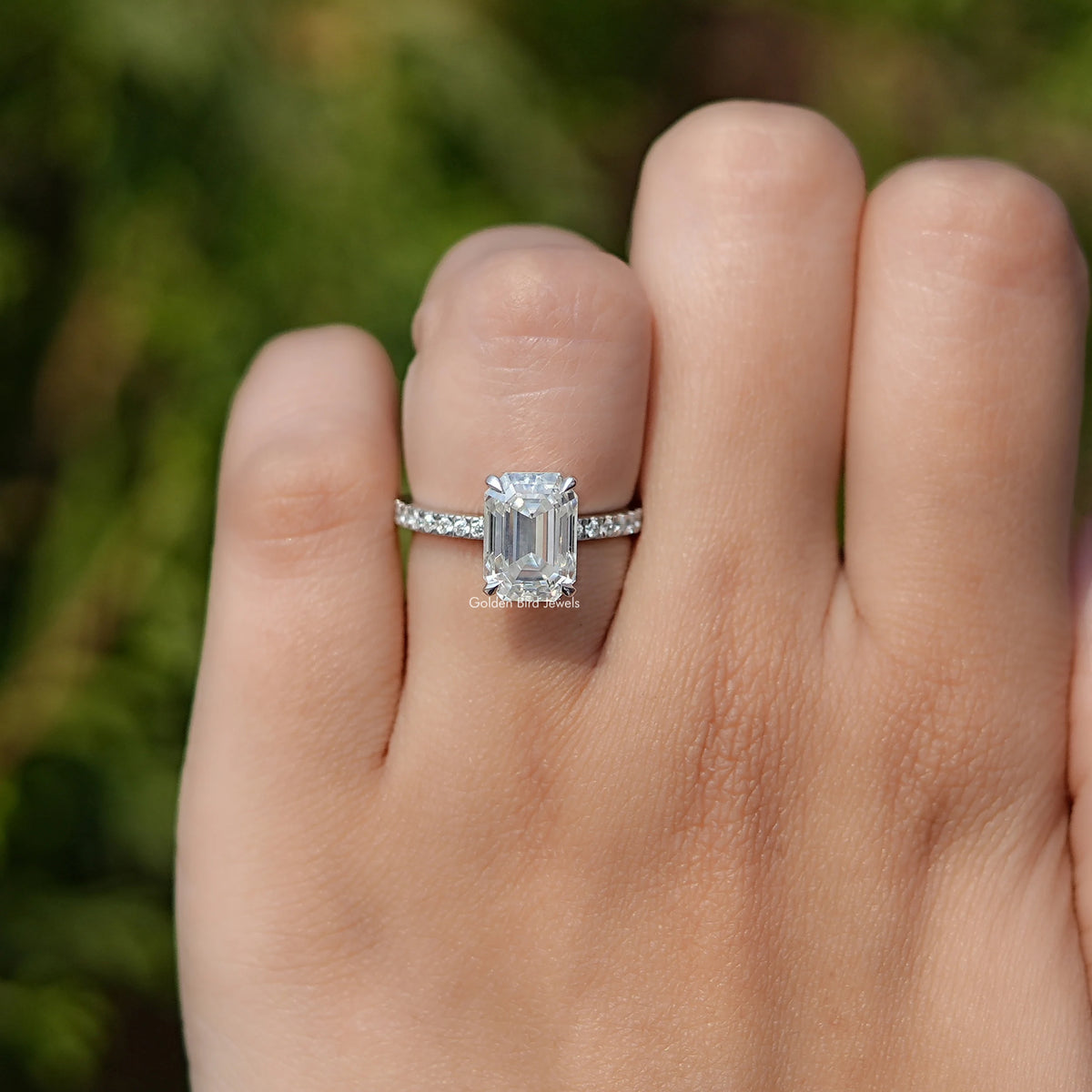 Close view of Emerald Cut Moissanite Solitaire Ring