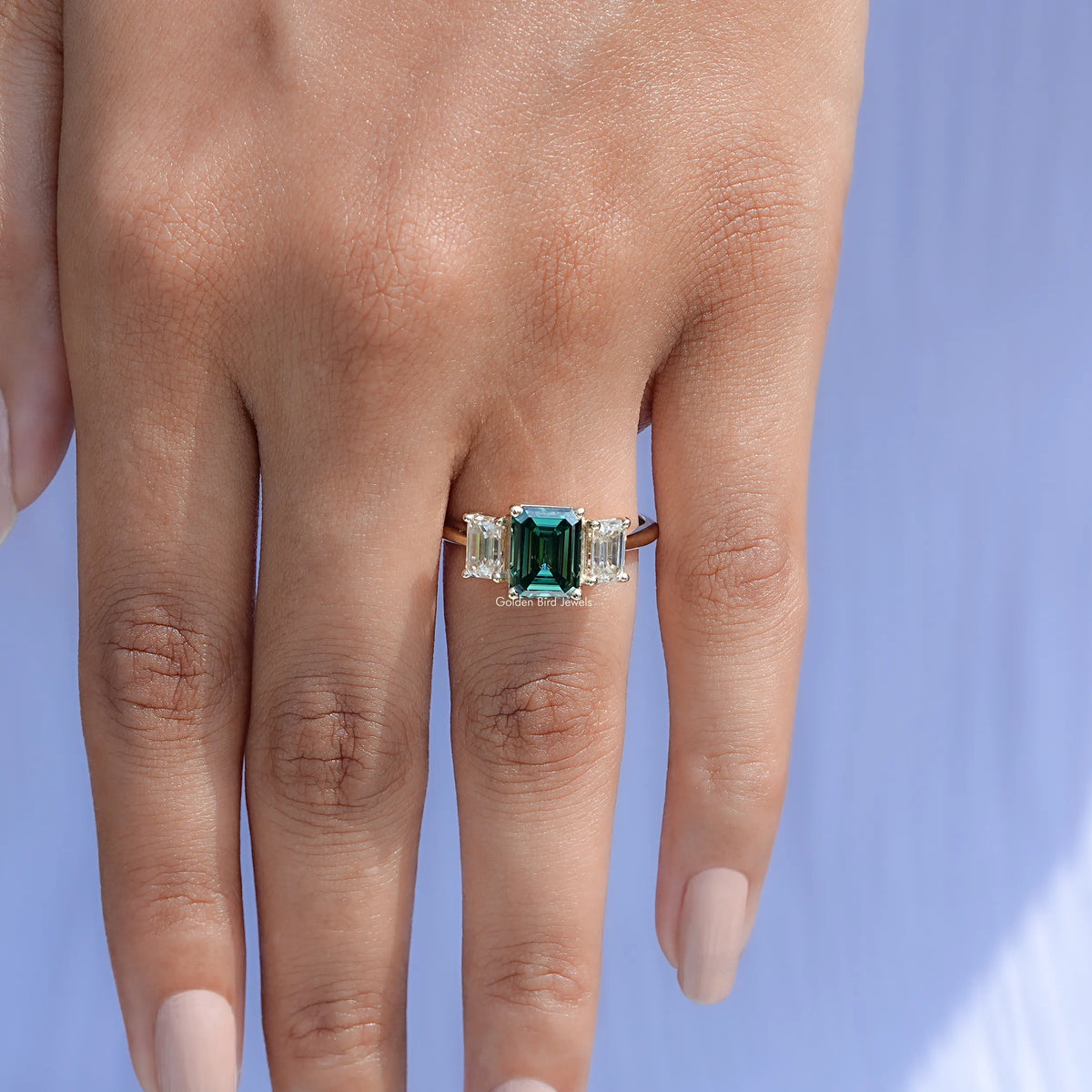 Emerald Moissanite 3 Stone engagement ring 