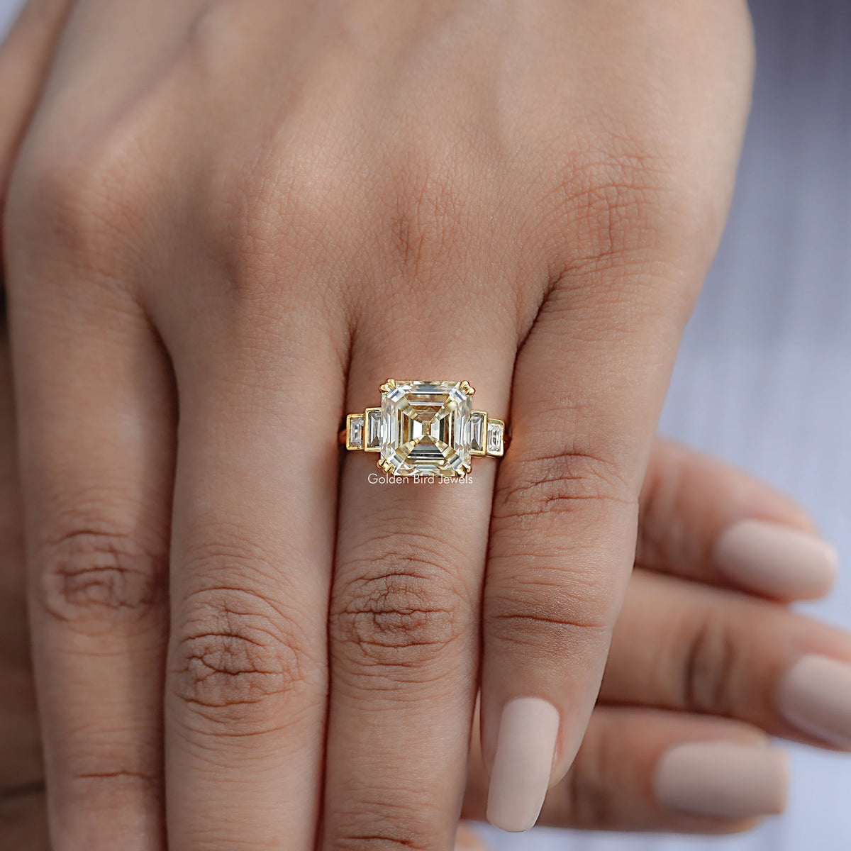 View of Asscher Cut Solitaire Engagement Ring in prongs setting 