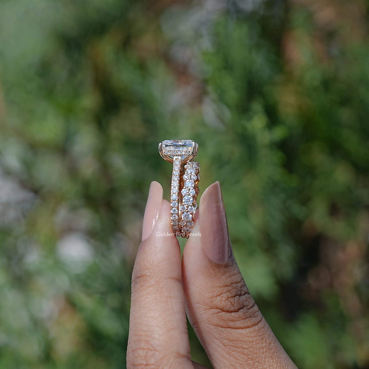Elongated cushion-cut moissanite ring set with pavé band