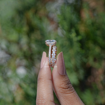 Elongated cushion-cut moissanite ring set with pavé band