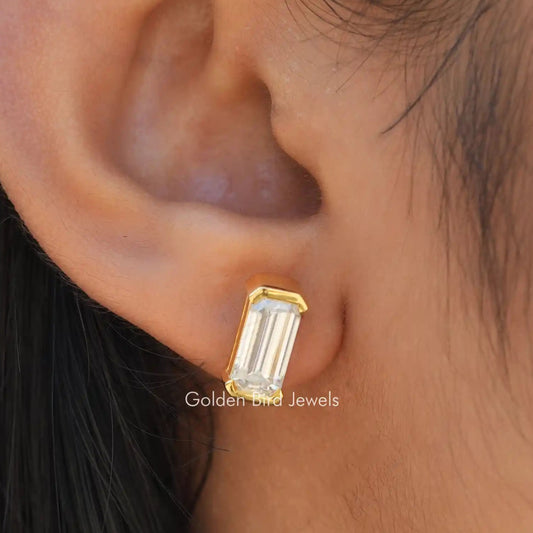 Emerald cut moissanite earrings crafted in unique design 