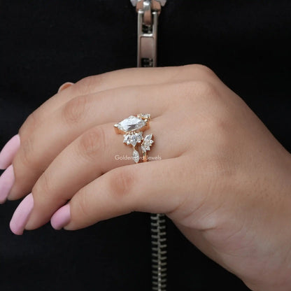 Detailed View Of Marquise Cut Moissanite Engagement Ring In Yellow Gold