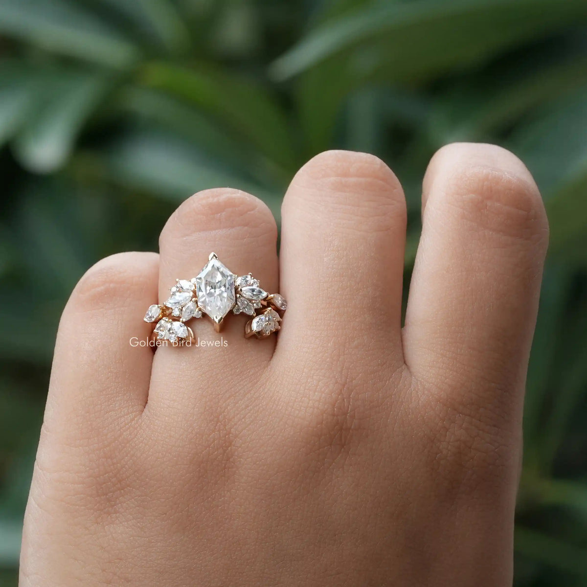 Close-Up View of Moissanite Marquise Cut Ring In Yellow Gold