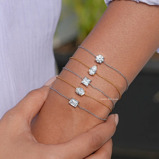 Silver-tone chain bracelet with mixed square and round moissanite charms