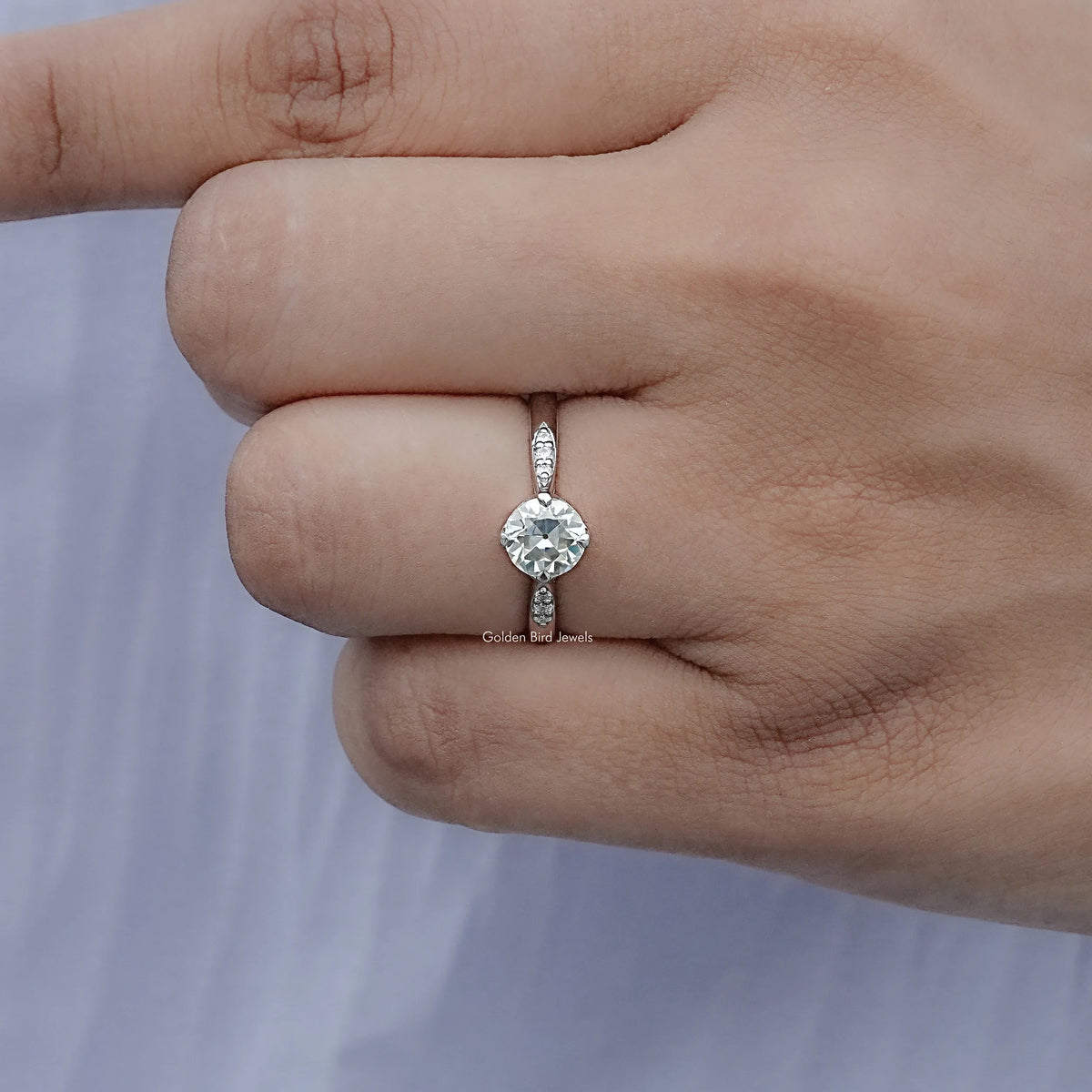 Close view of Round Cut Moissanite Engagement Ring