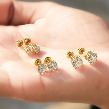 Front And Back Side View Of solitaire stud earrings crafted in moissanite stone 