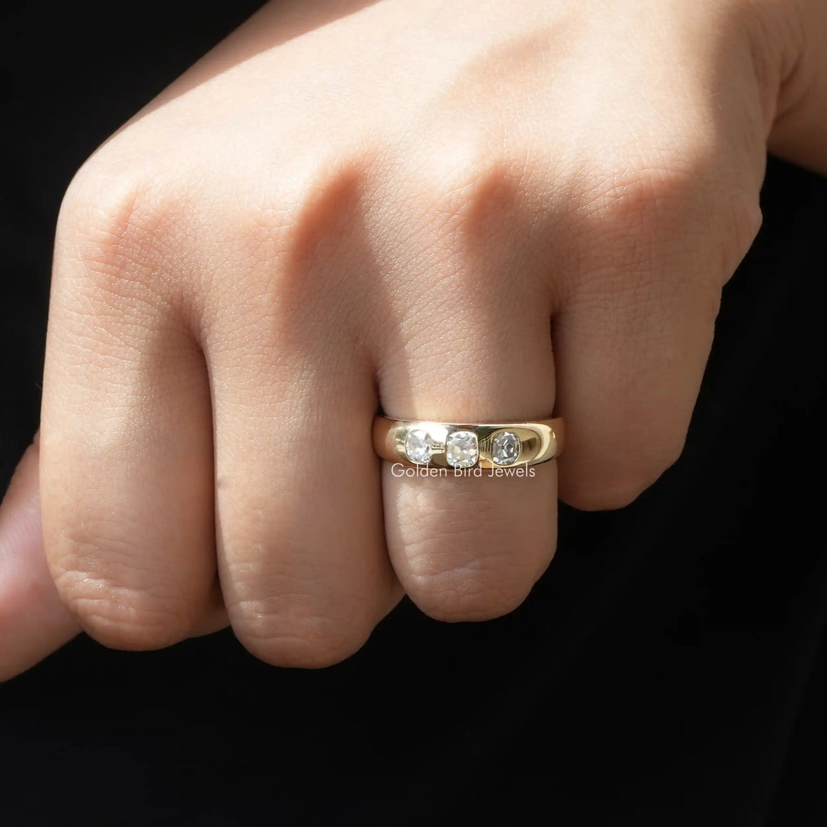 Top view of moissanite ring in three stones 