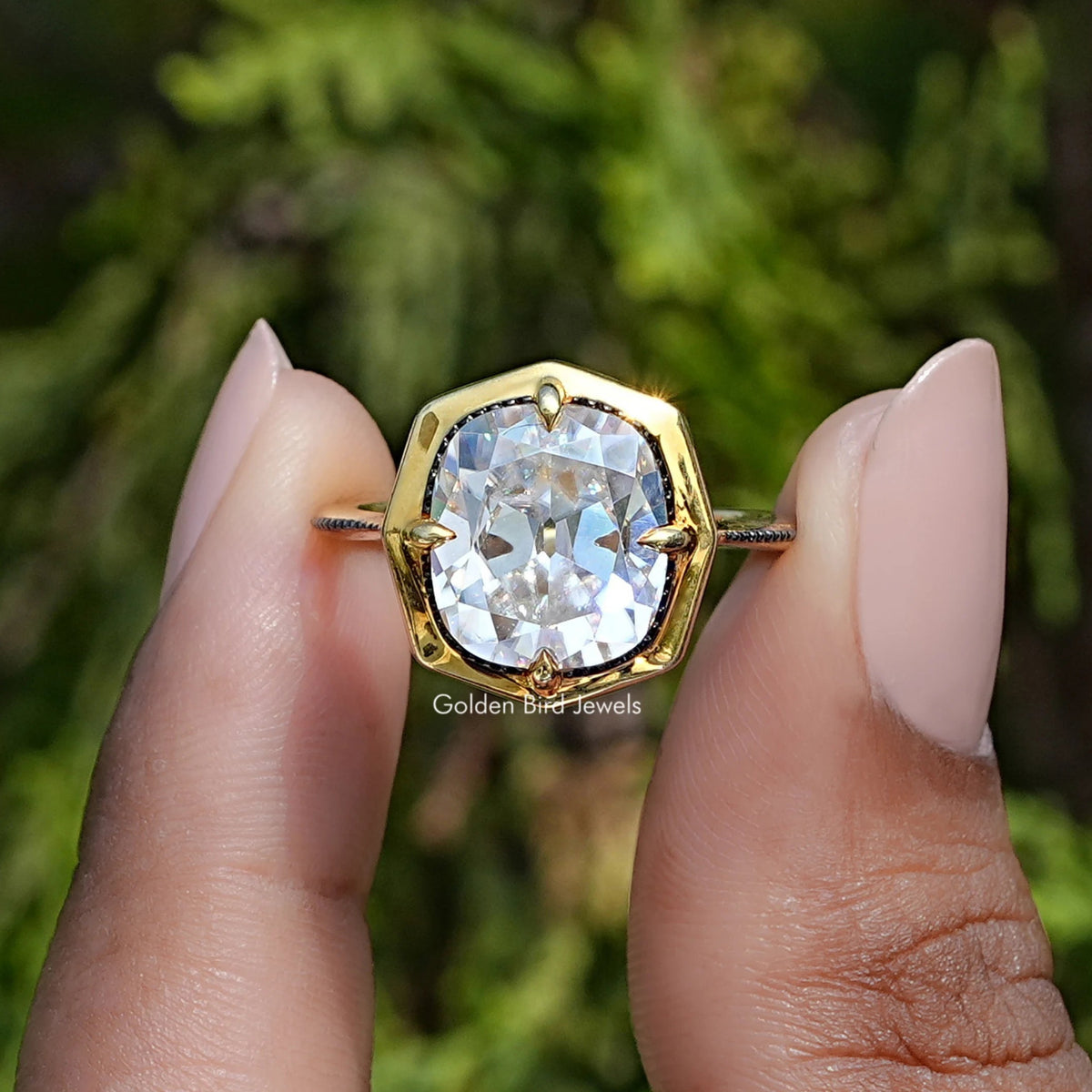 Gold-tone milgrain cushion moissanite engagement ring with square center stone, front