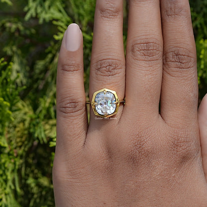 In Finger view of cushion cut moissanite halo Ring  

