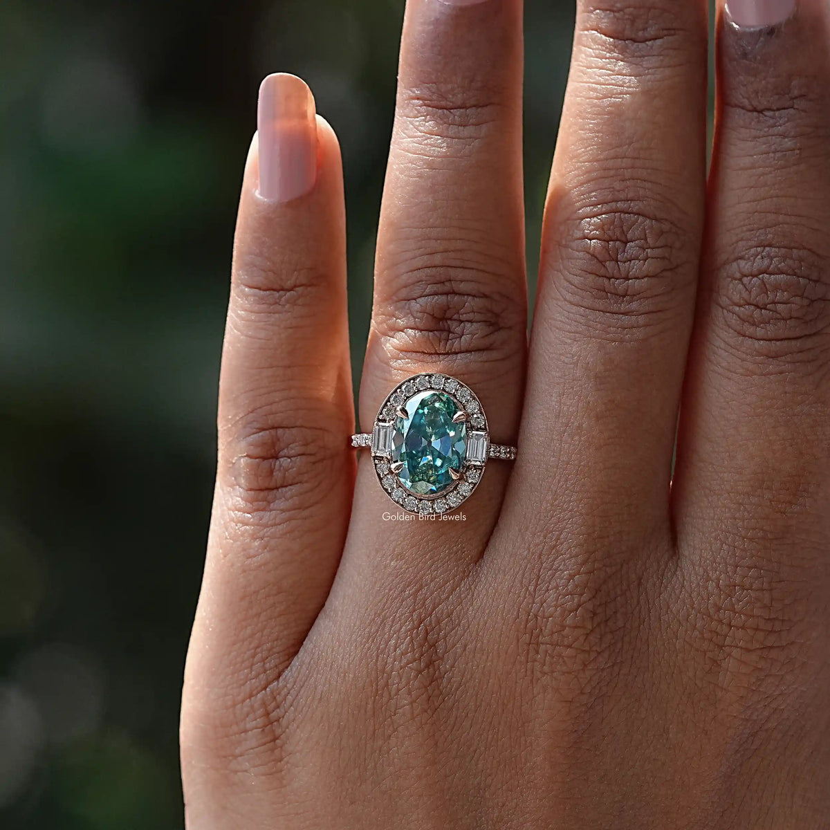 View of Oval Cut Halo Moissanite Ring In finger