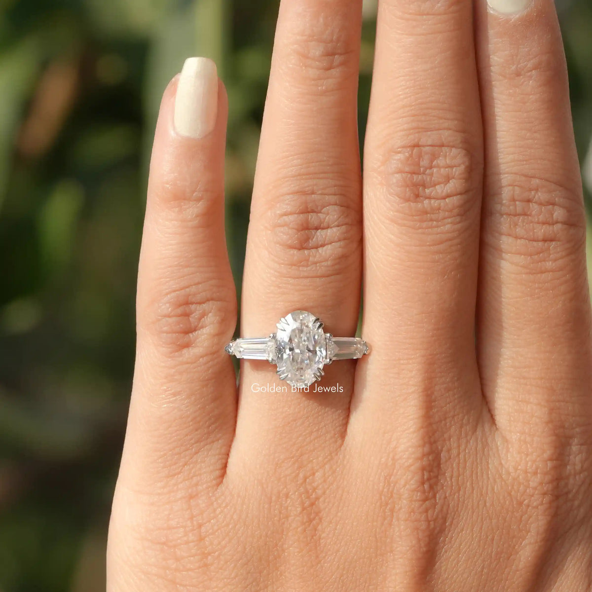 Detailed View Of Bullet And Oval Cut Moissanite 3 Stone Ring In White Gold
