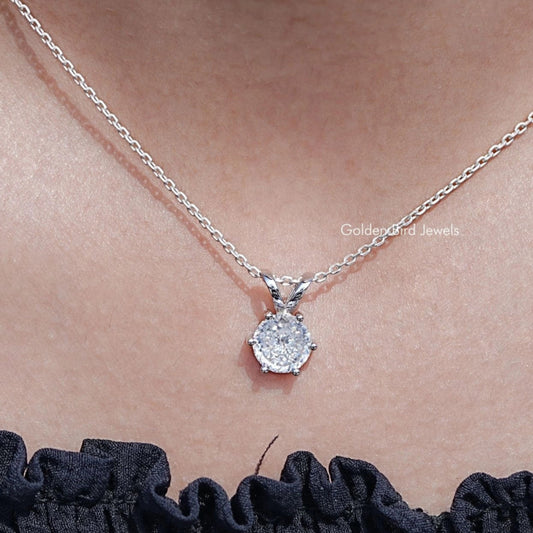 Silver moissanite round-cut pendant necklace with prong-set center stone and chain