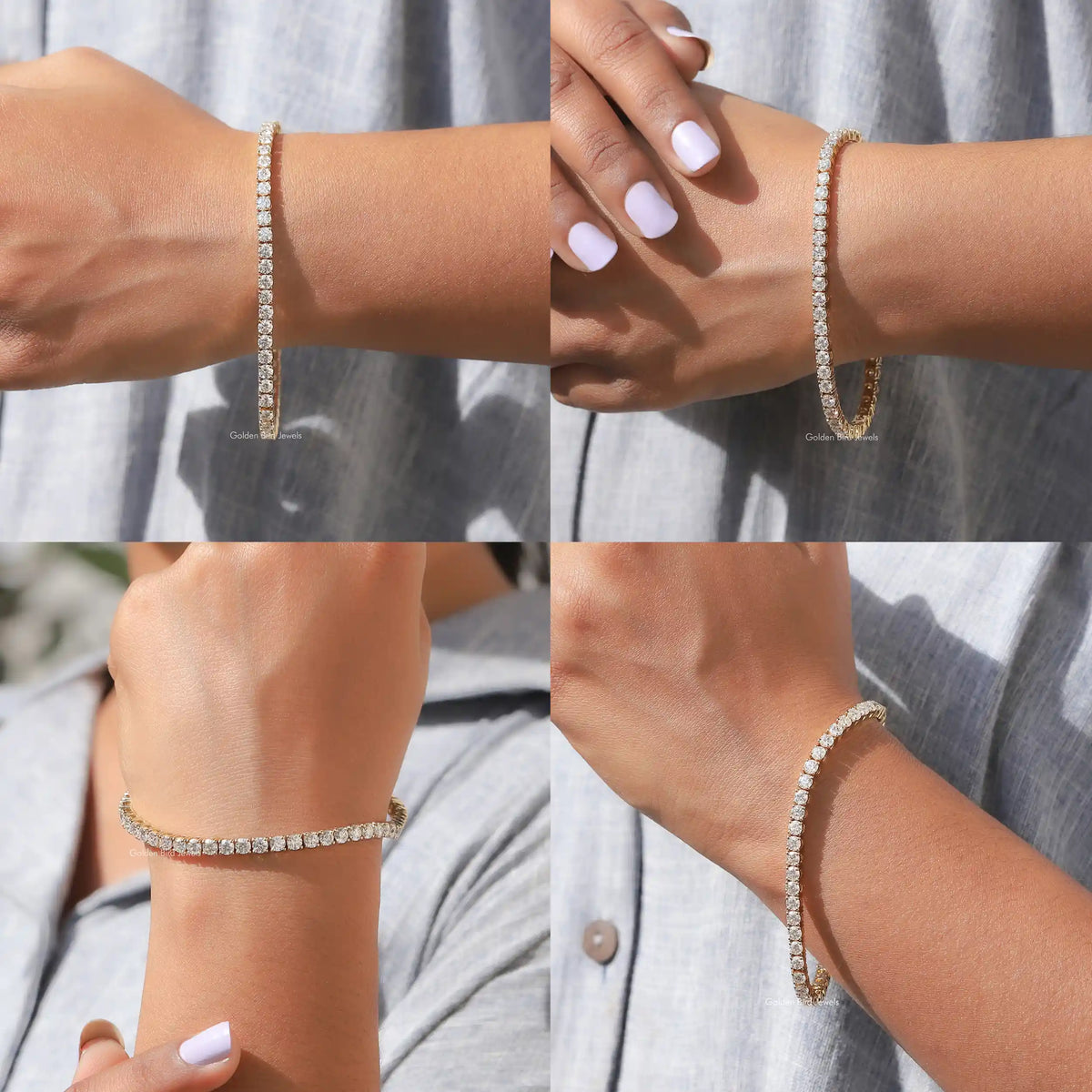Moissanite tennis bracelet with round-cut stones, gold-tone, on wrist (multiple angles)