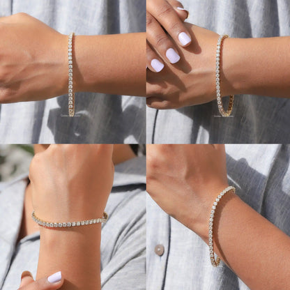 Moissanite tennis bracelet with round-cut stones, gold-tone, on wrist (multiple angles)