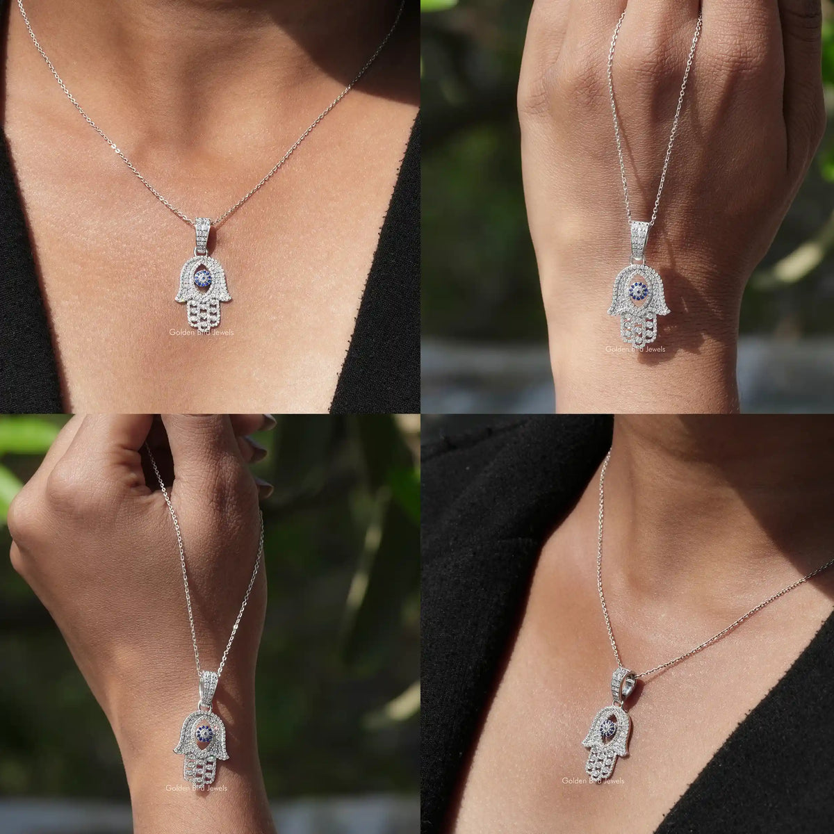 Front side back and close view of solitaire eye cut pendant  In white Gold