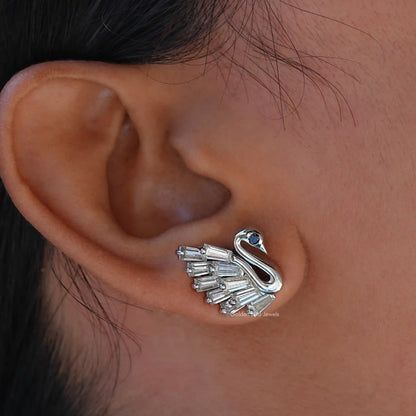 [White Gold Tapered Baguette Moissanite Swan Earrings]-[Golden Bird Jewels]