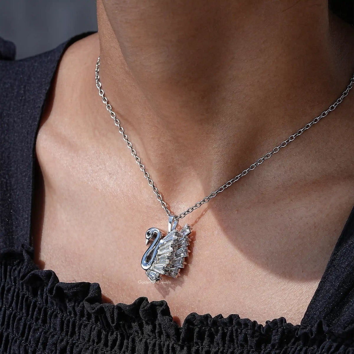 In neck view of Baguette cut moissanite halo pendant 