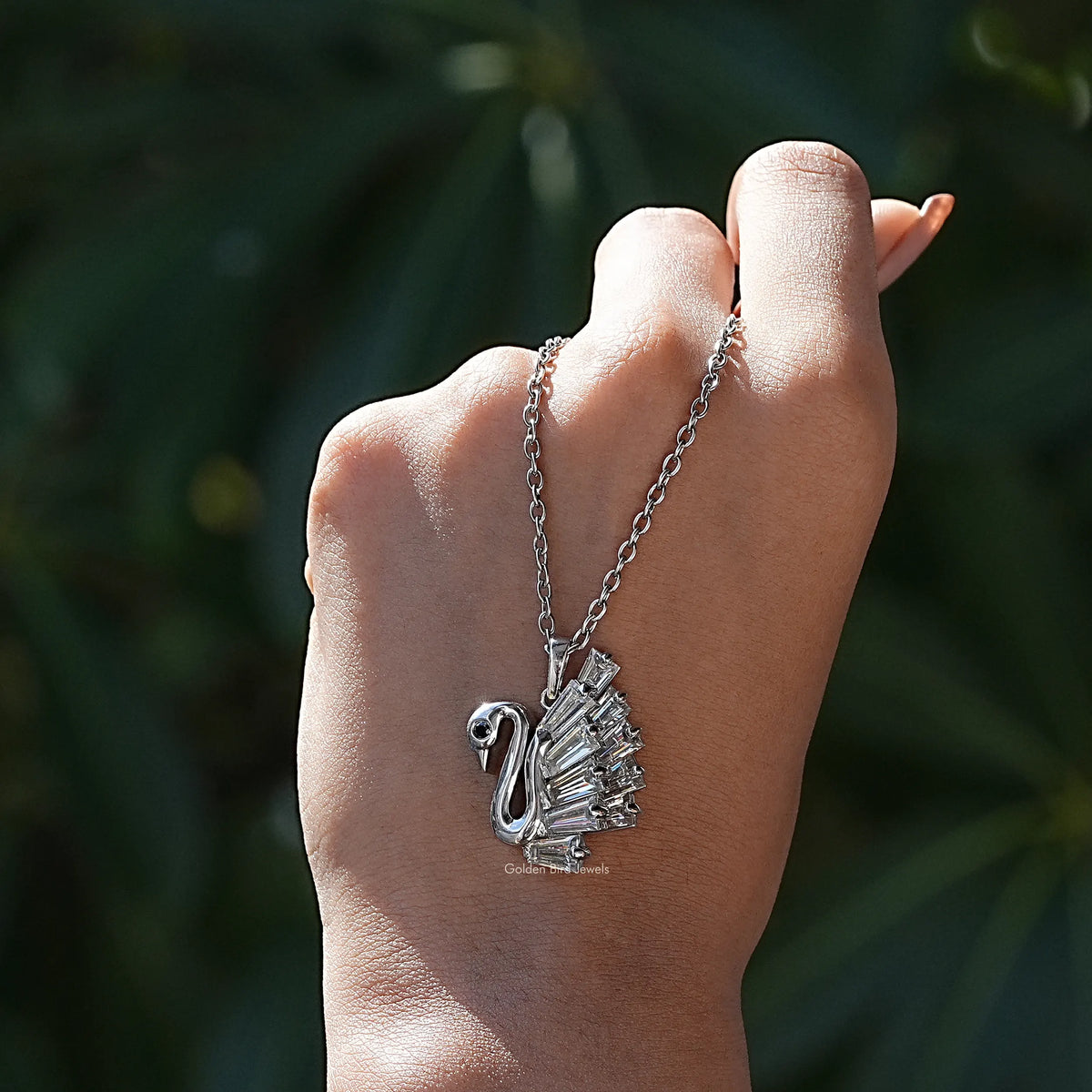 Detailed view of Baguette cut moissanite pendant 