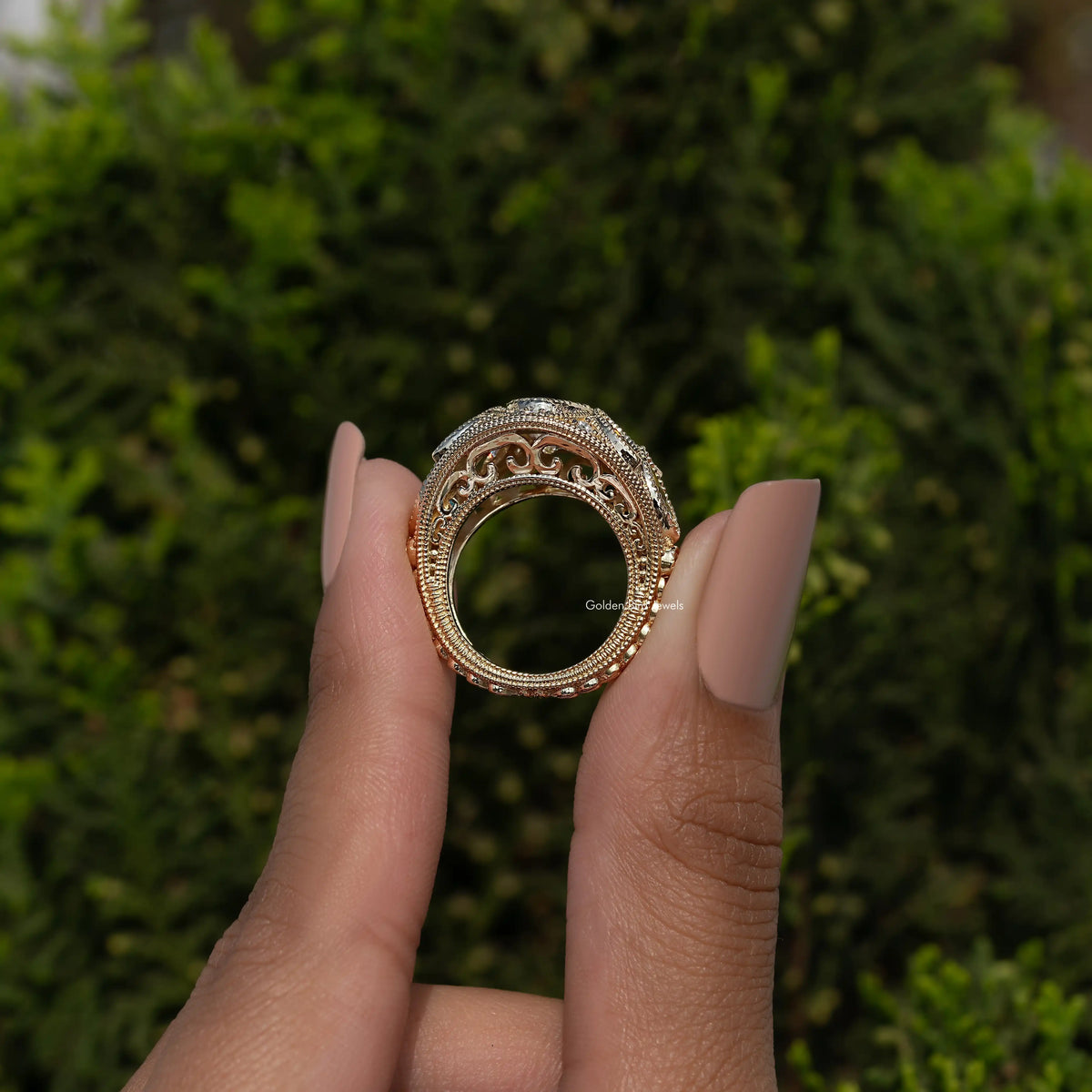 14K yellow gold vintage ring underside view with engraved basket and gallery