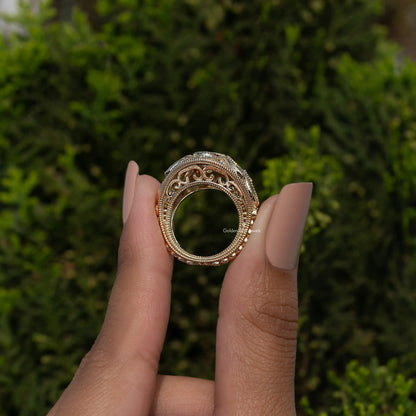 14K yellow gold vintage ring underside view with engraved basket and gallery