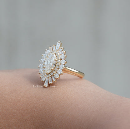View of Multi Shape Halo Moissanite Ballerina Ring In Yellow Gold