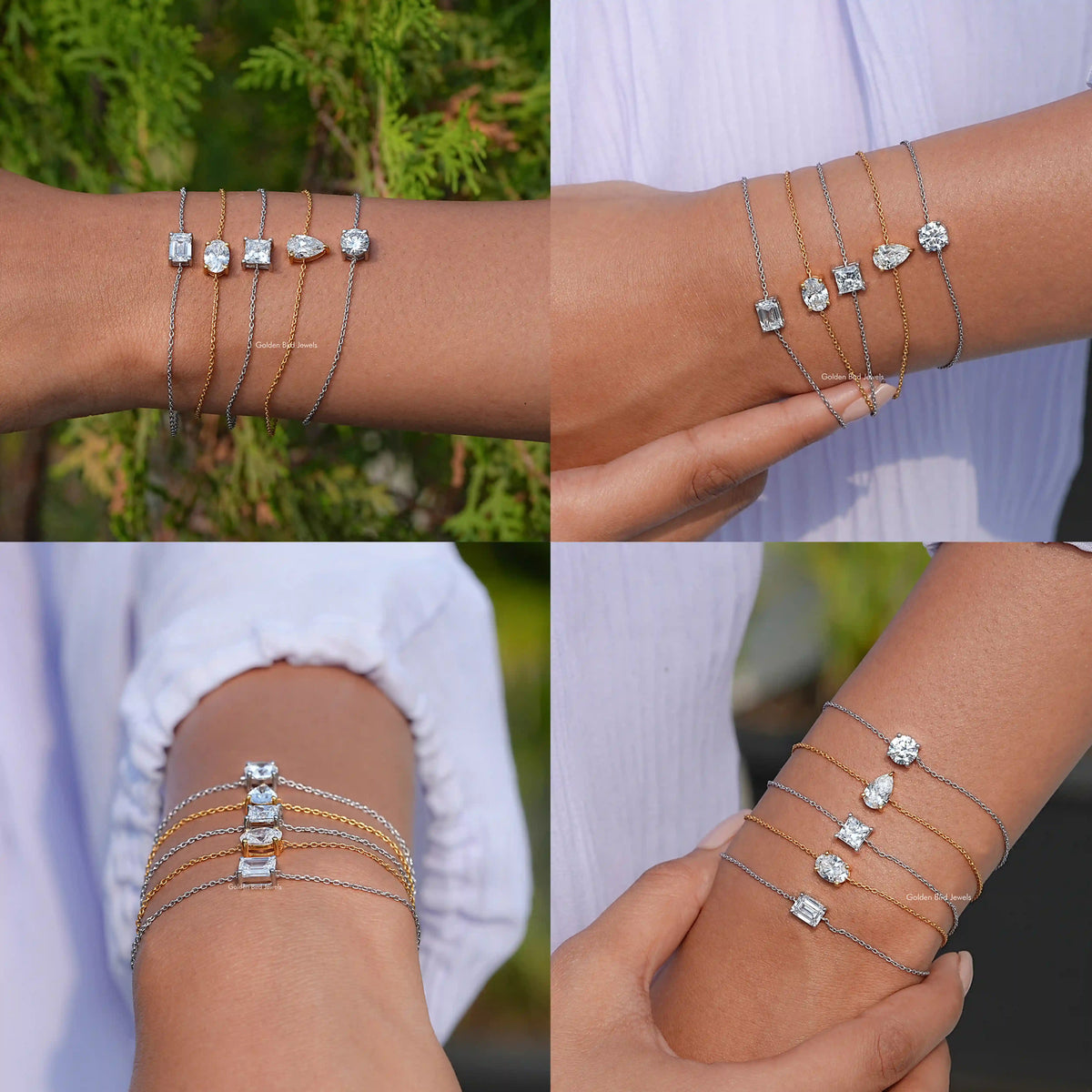 Multiple stacked bracelets on wrist, silver and gold-tone chains with assorted moissanite