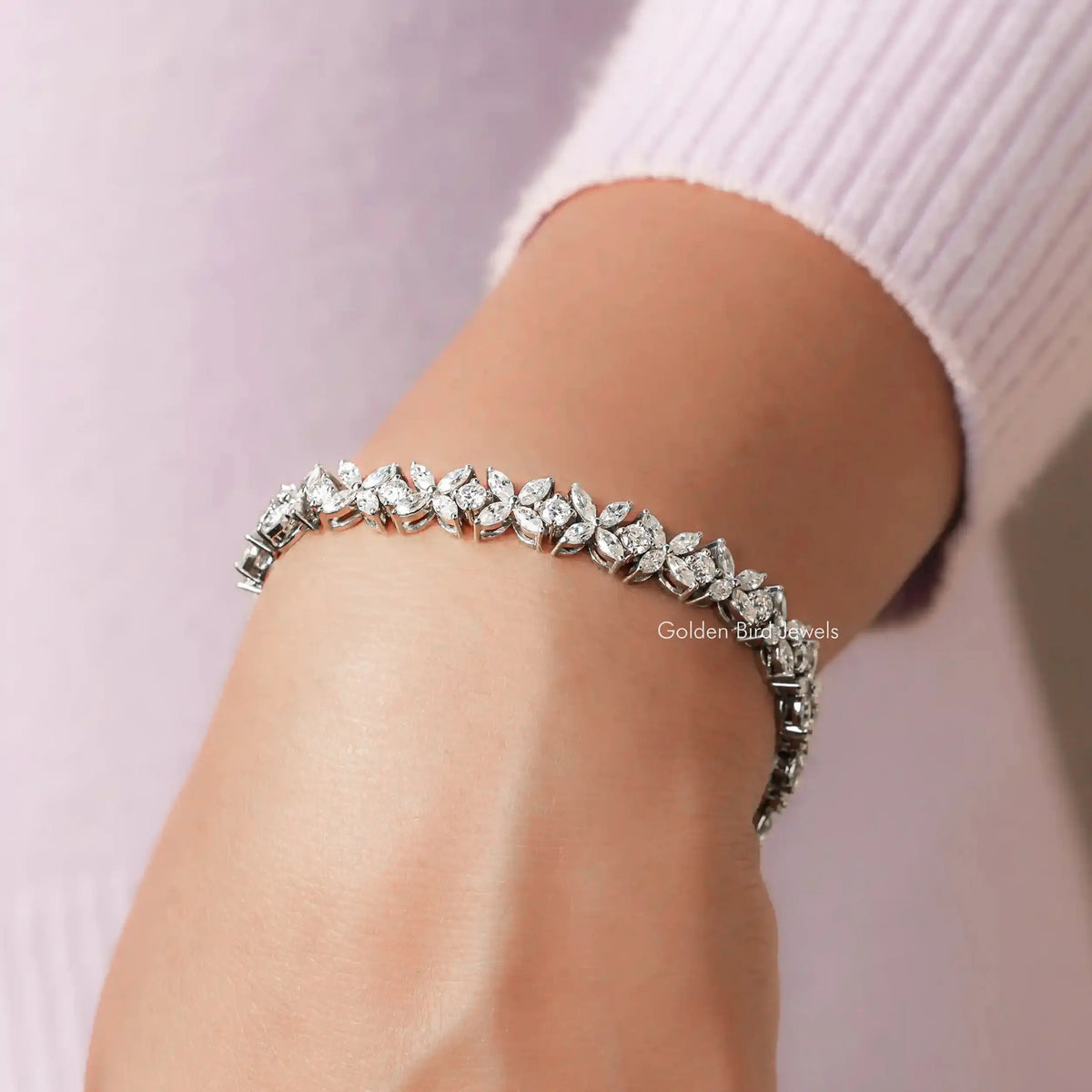 Side View of Round Cut Diamond Marquise Shaped Bracelet In White Gold