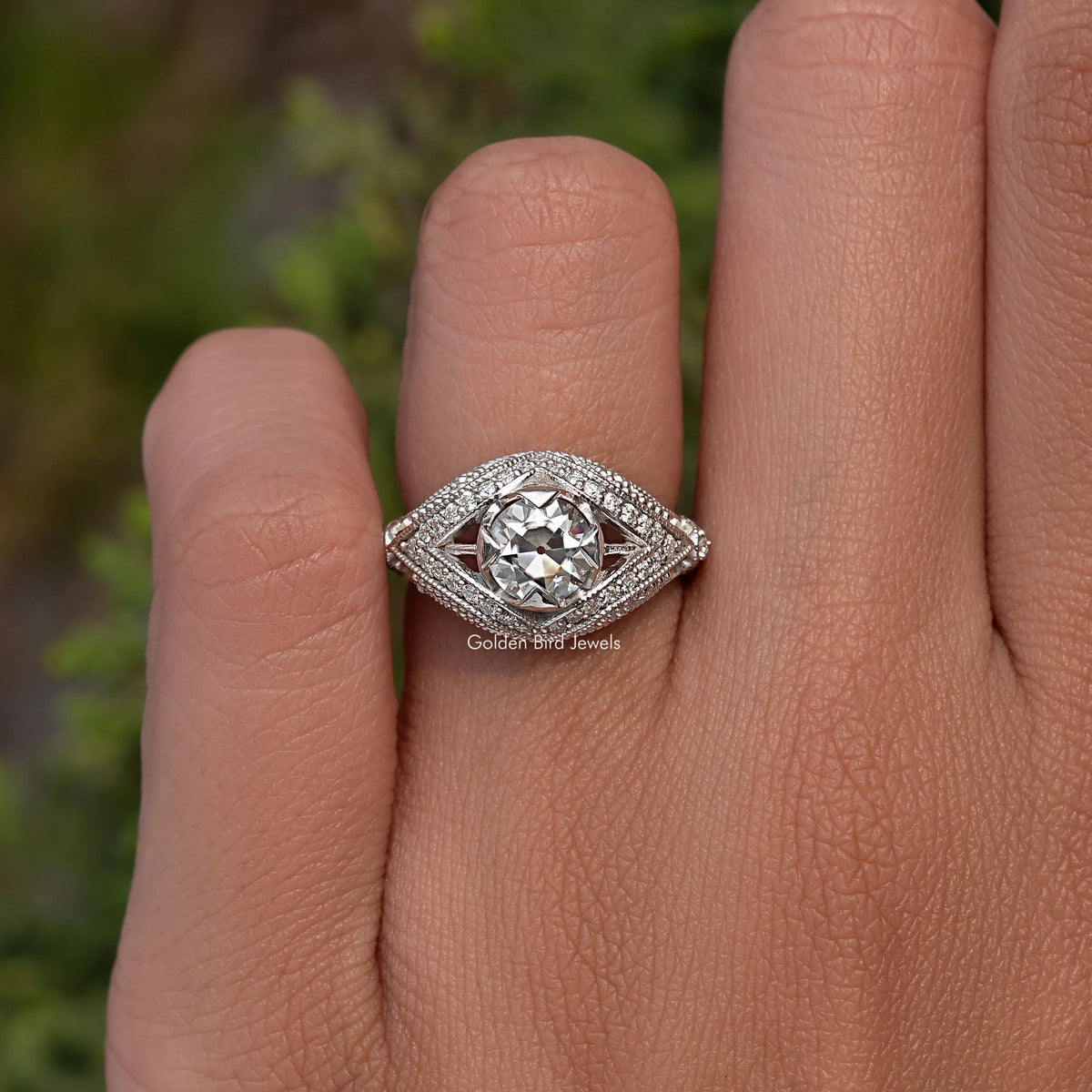Round moissanite ring with art deco halo, 925 sterling silver band