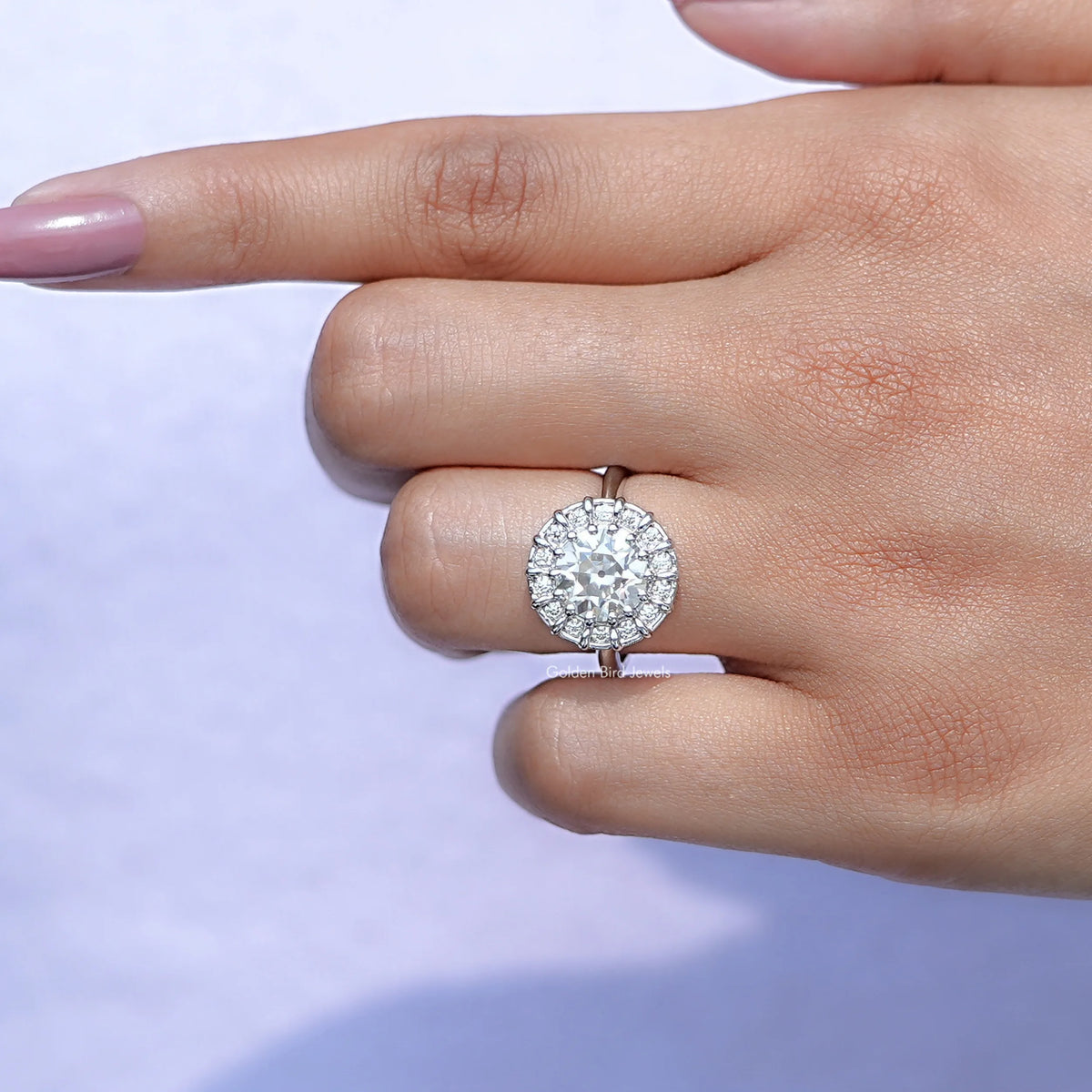 Round moissanite halo bridal ring on hand, silver setting with round center stone