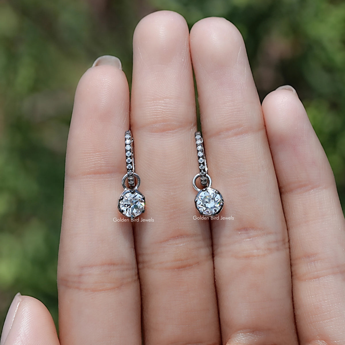 Front And Back Side View Of Old European Round Moissanite Dangle Hoop Earrings