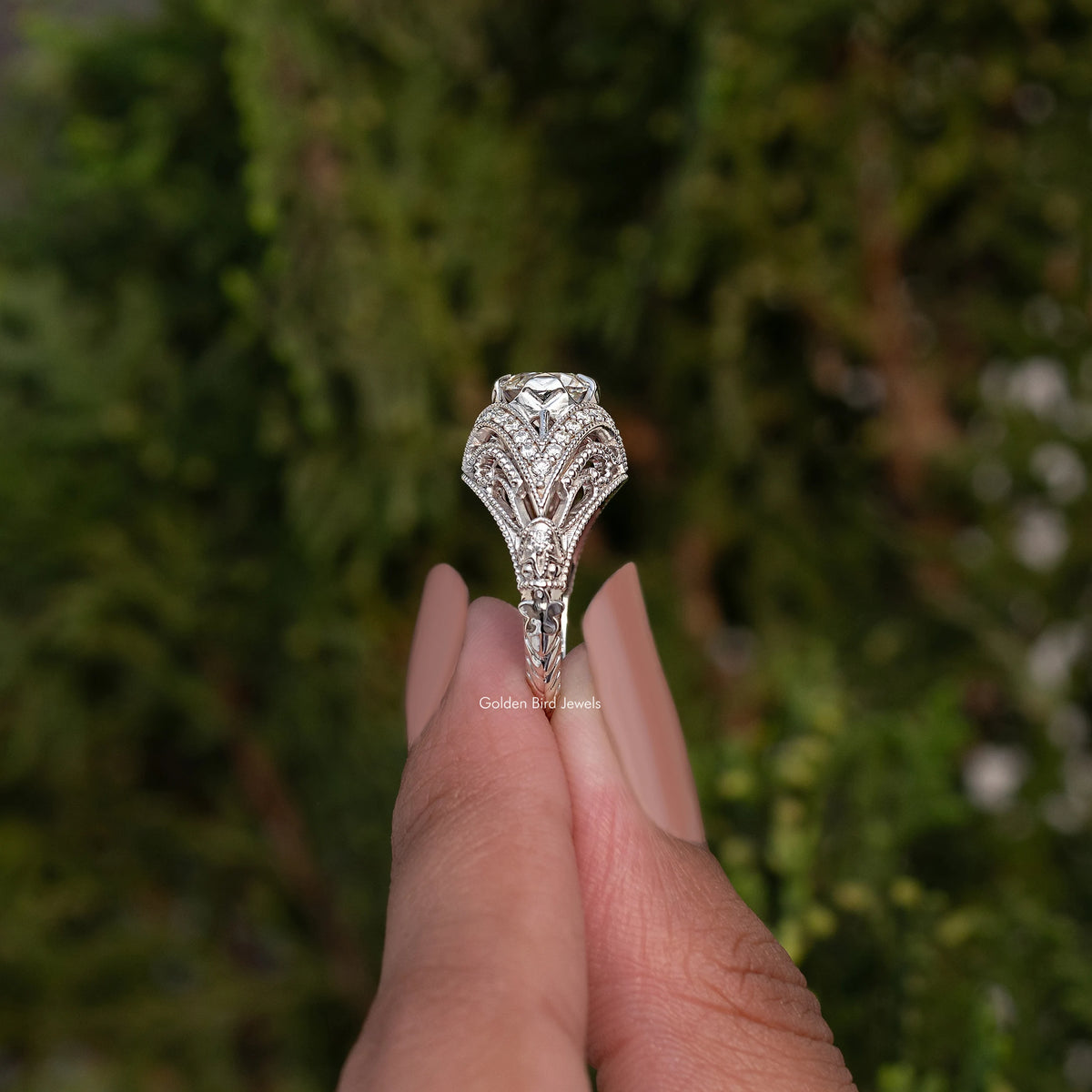 Art deco round moissanite ring setting, 925 sterling silver prongs