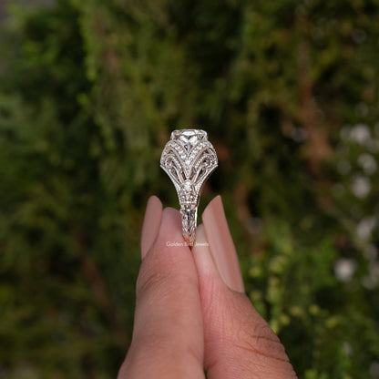 Art deco round moissanite ring setting, 925 sterling silver prongs