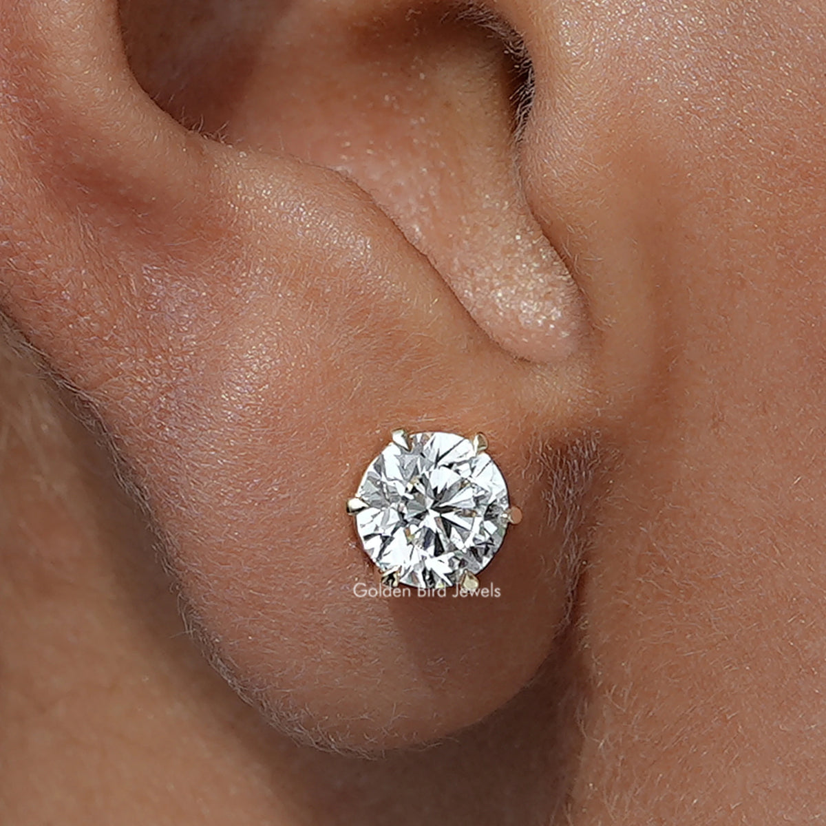 Close Up View Of Round Shaped Lab Diamond Solitaire Stud Earrings
