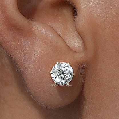 Close Up View Of Round Shaped Lab Diamond Solitaire Stud Earrings