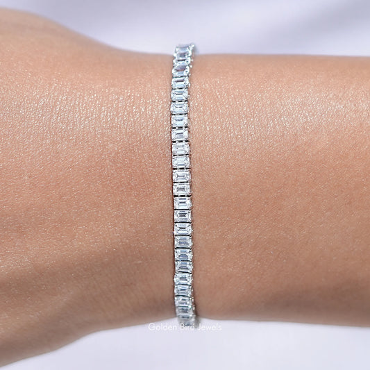 Close up View of Emerald Cut Lab Diamond Tennis Bracelet