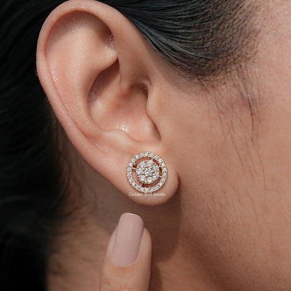 Front view of Round Diamond Cluster Stud Earrings