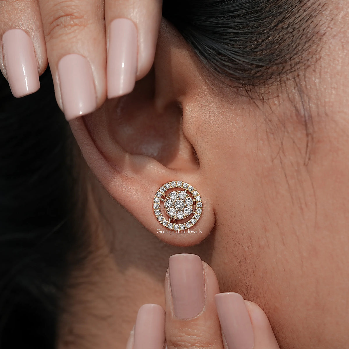 Detailed view of Lab Diamond earrings in secure setting