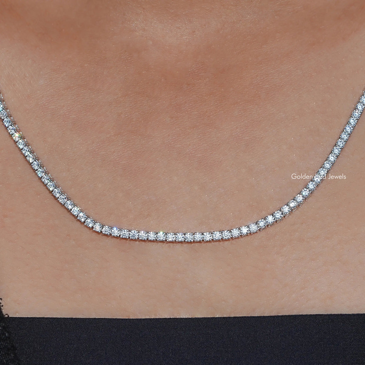 Round moissanite tennis necklace with sparkling round stones, silver-tone chain