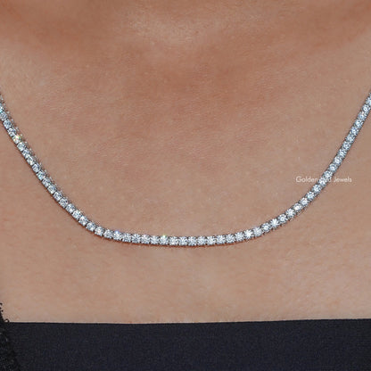 Round moissanite tennis necklace with sparkling round stones, silver-tone chain