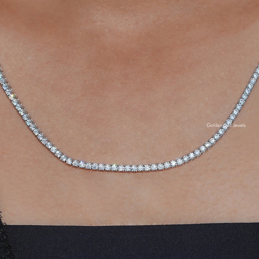 Round moissanite tennis necklace with sparkling round stones, silver-tone chain