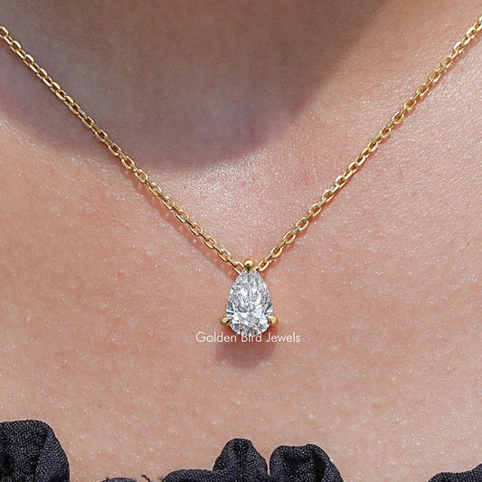 Close Up View of Pear Cut Lab Diamond Solitaire Pendant Necklace