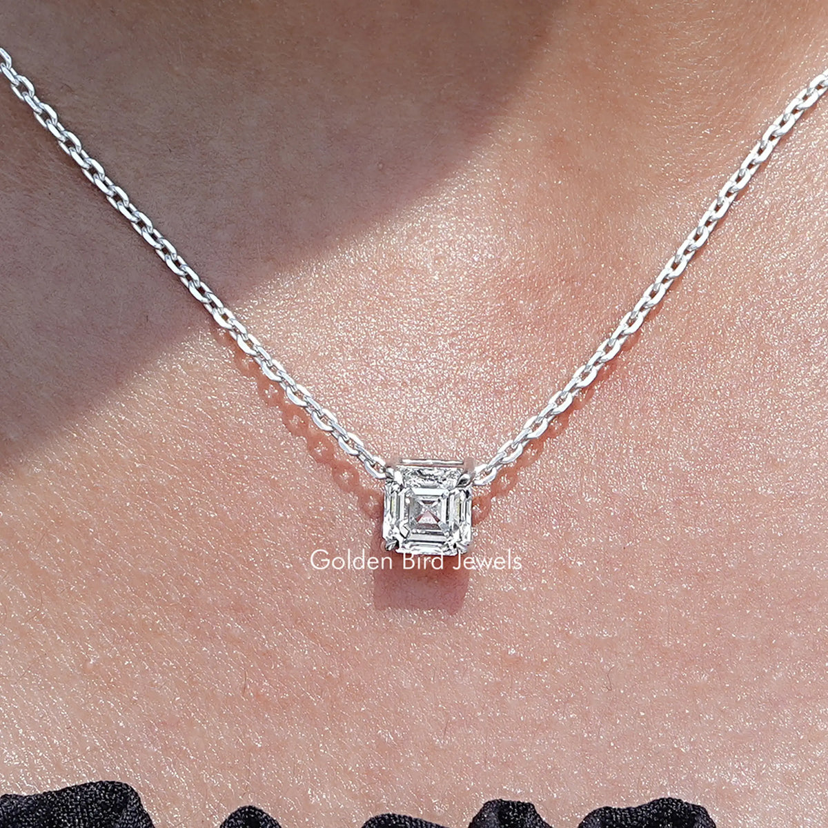 Close Up View of Asscher Cut Lab Grown Diamond Solitaire Pendant