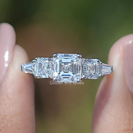 14K white gold five-stone ring with Asscher center and baguette side stones