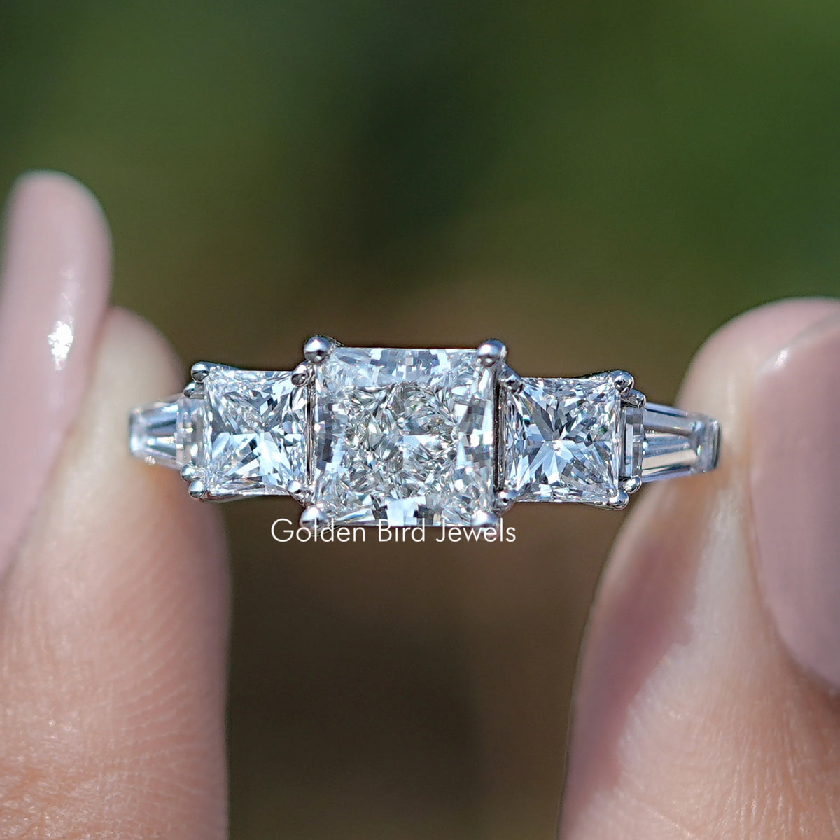 14K white gold five-stone princess-cut lab diamond ring, square-cut stones