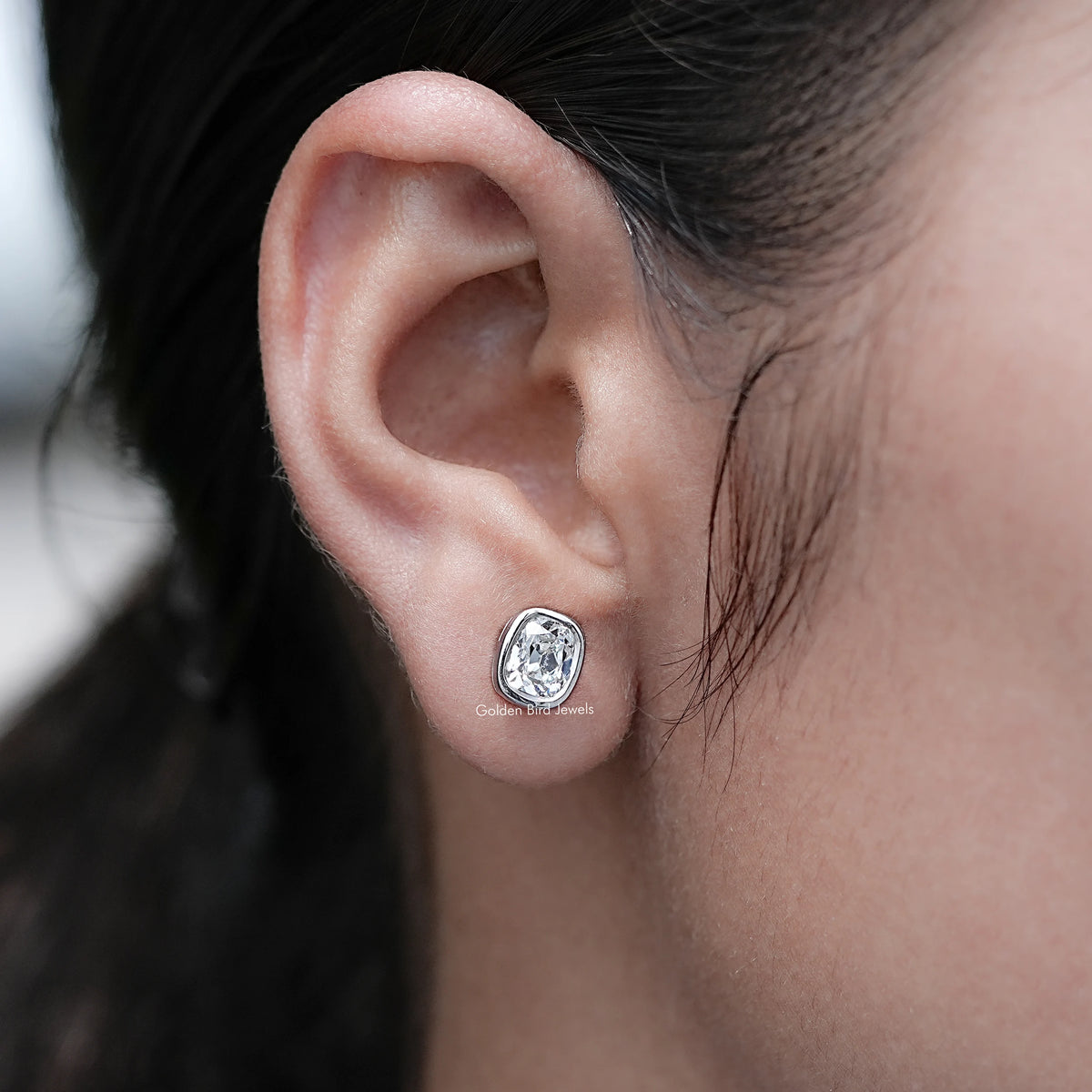 In Ear View of  Old Mine Cushion Lab Diamond Stud Earrings