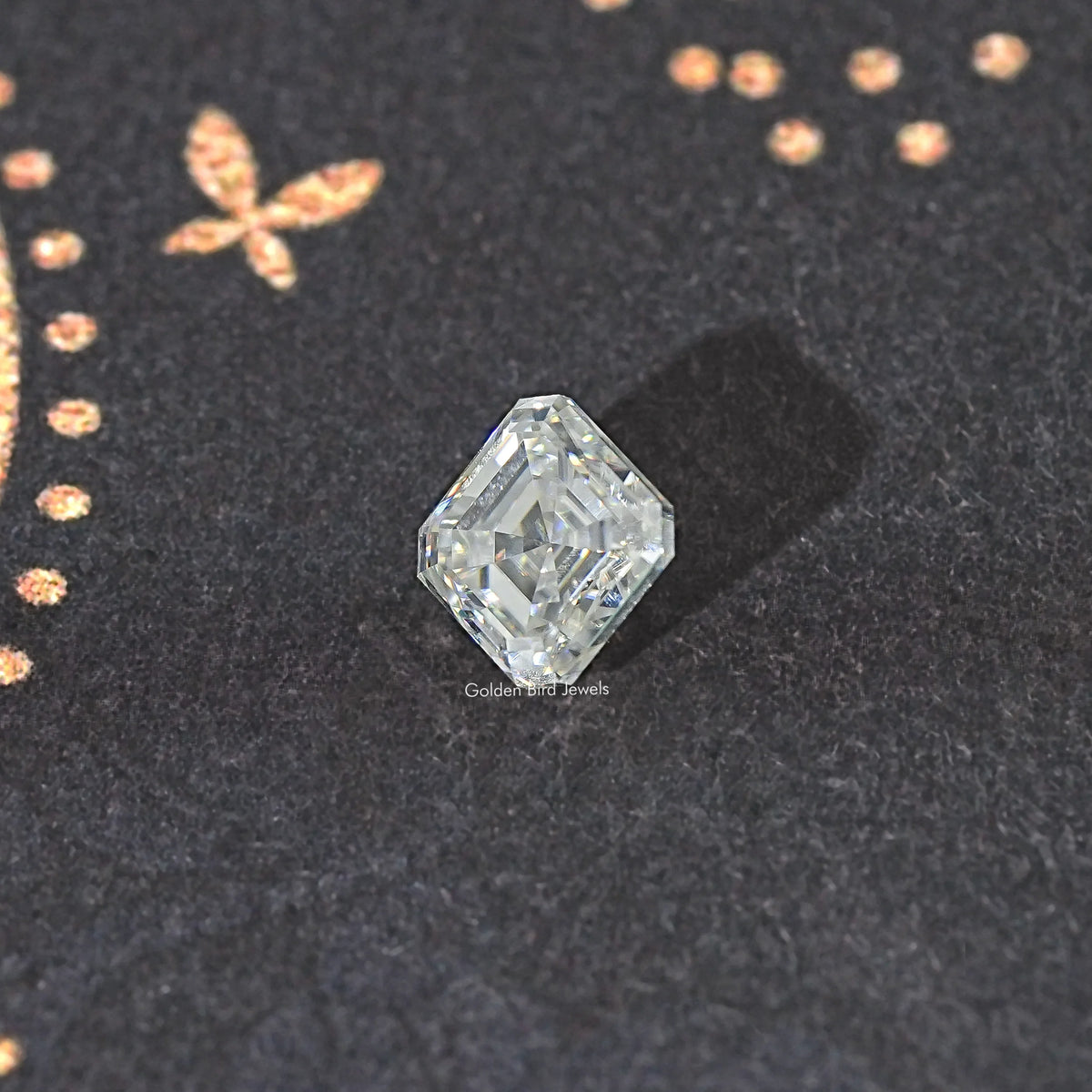 Asscher-cut moissanite loose stone, square shape, off-white sparkle highlights