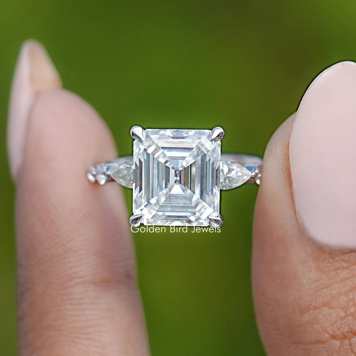 Front View of Colorless Old Mine Asscher Moissanite Accent Ring
